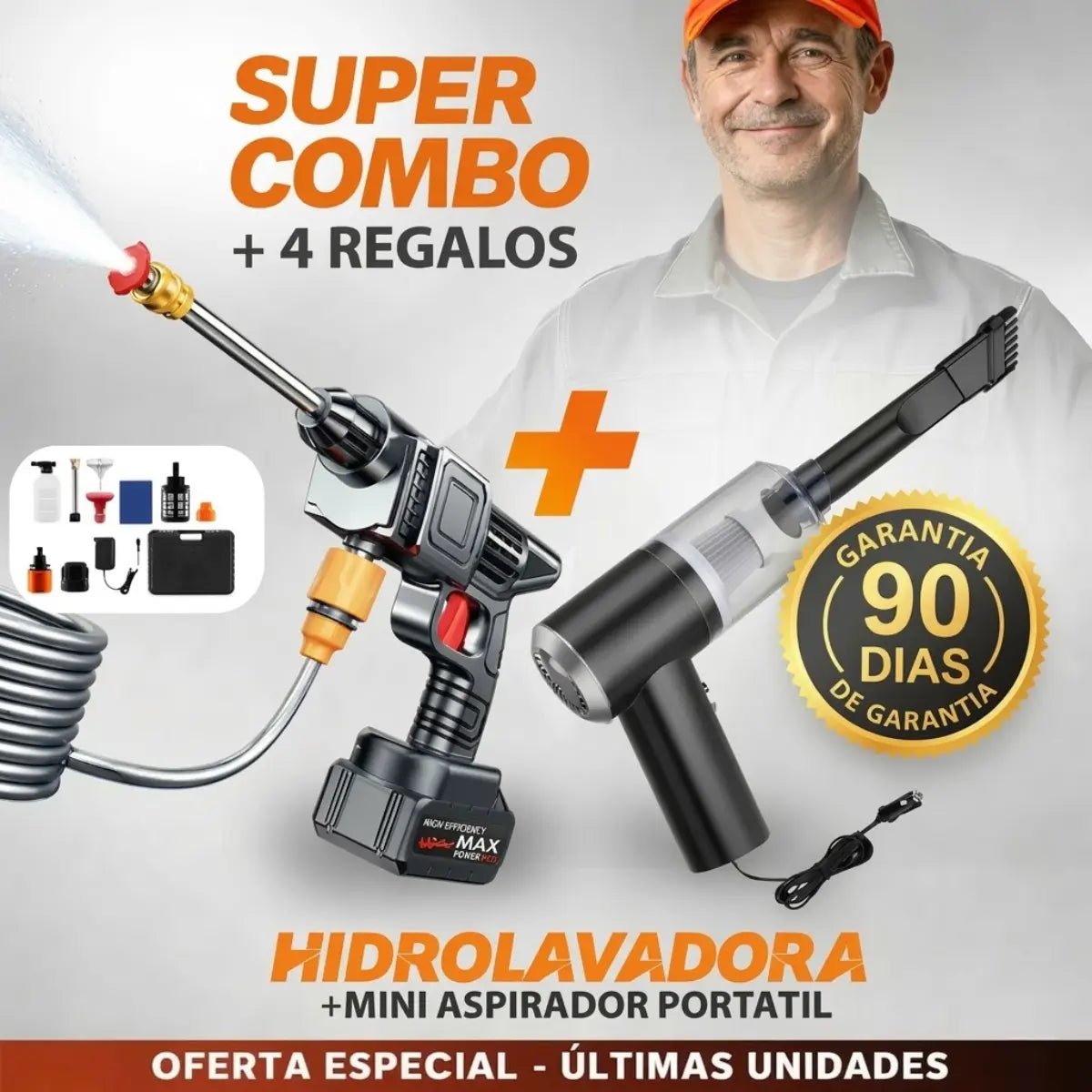 Hidrolavadora Portátil Recargable 2 Baterías + Aspiradora Vacum 3 en 1 TurboJet™