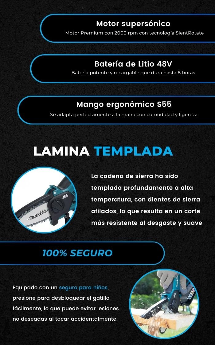 Motor supersónico, batería de litio 48V, mango ergonómico, lámina templada, 100% seguro