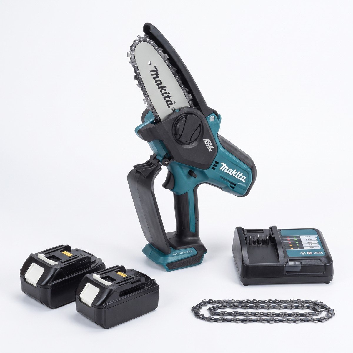 Motosierra MOTOCORTE — kit completo con 2 baterías, cargador y cadena de repuesto