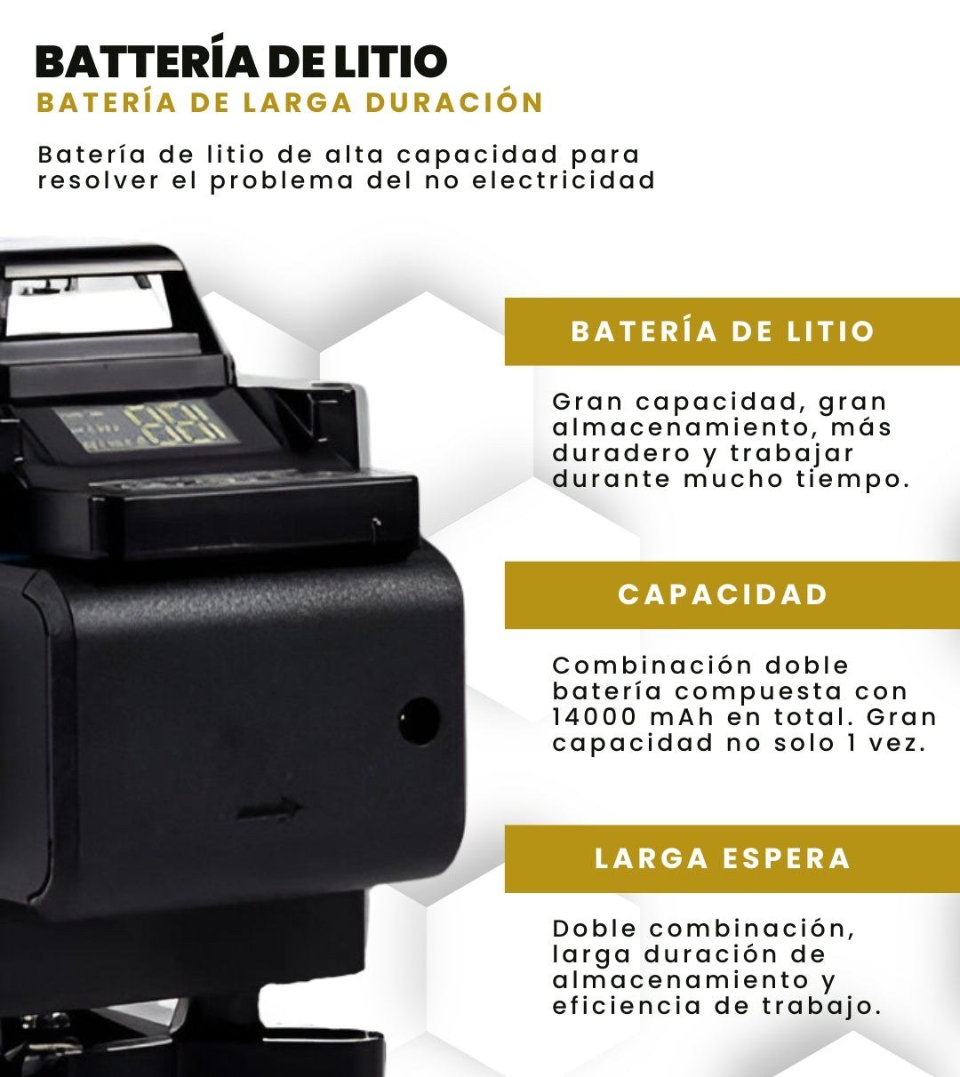 Batería de litio de larga duración: doble batería de 14000 mAh en total