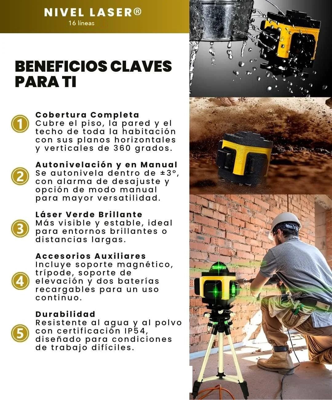 Beneficios clave: cobertura completa, autonivelación y manual, láser verde brillante, accesorios auxiliares, durabilidad