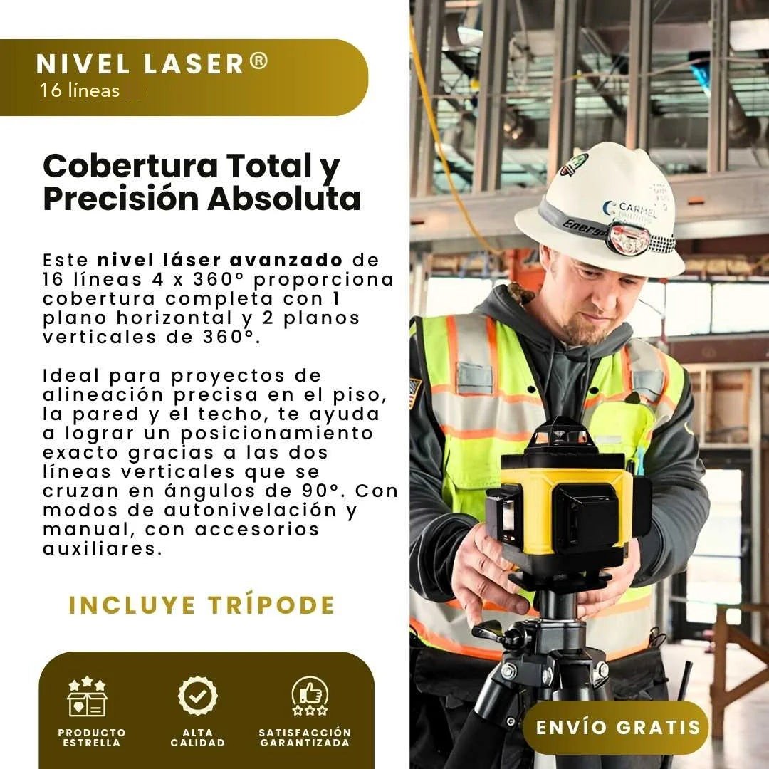 Nivel láser 16 líneas — cobertura total y precisión absoluta, incluye trípode